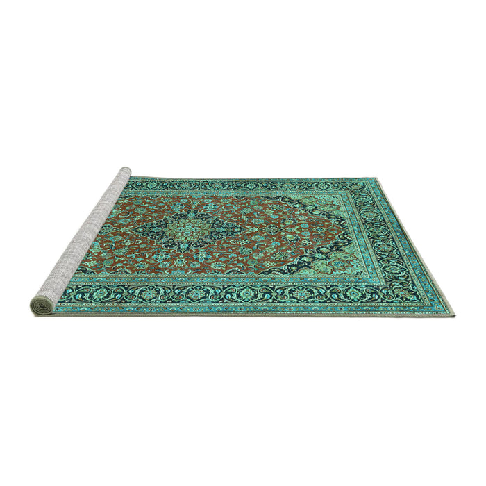 Sideview of Machine Washable Persian Turquoise Traditional Area Rugs, wshtr973turq