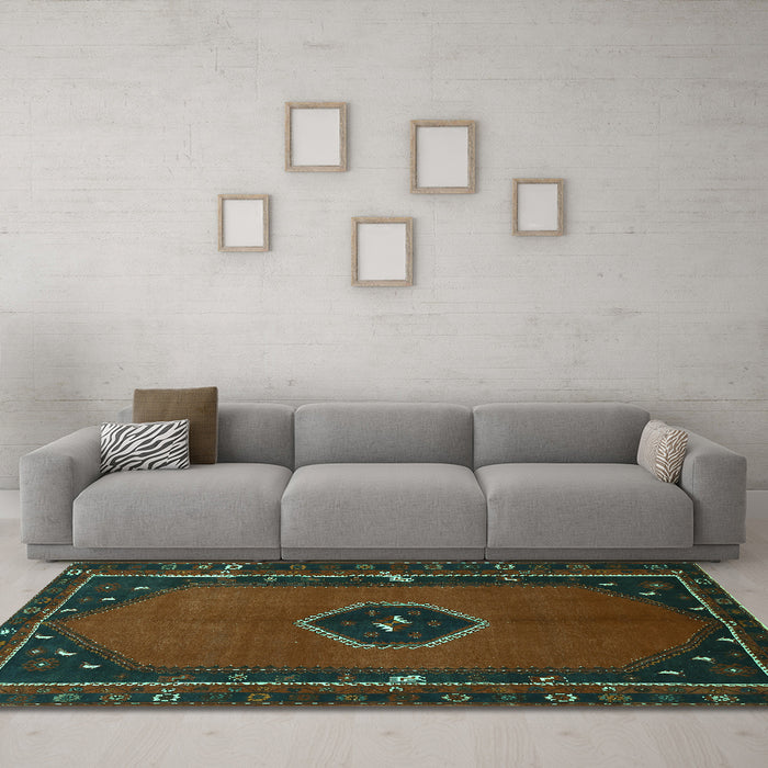 Machine Washable Persian Turquoise Traditional Area Rugs in a Living Room,, wshtr974turq