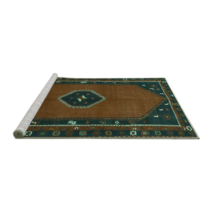 Sideview of Machine Washable Persian Turquoise Traditional Area Rugs, wshtr974turq