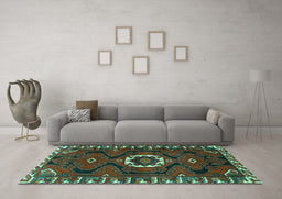 Machine Washable Persian Turquoise Traditional Area Rugs in a Living Room,, wshtr975turq