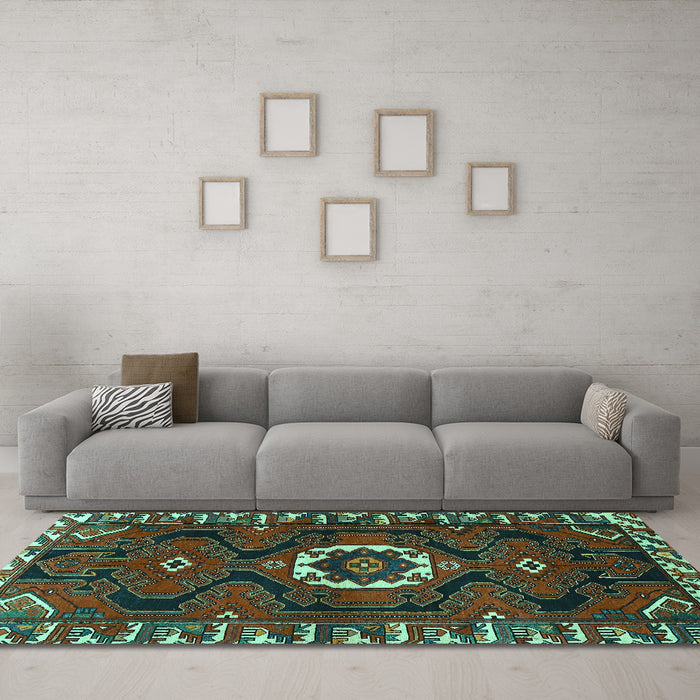 Machine Washable Persian Turquoise Traditional Area Rugs in a Living Room,, wshtr975turq