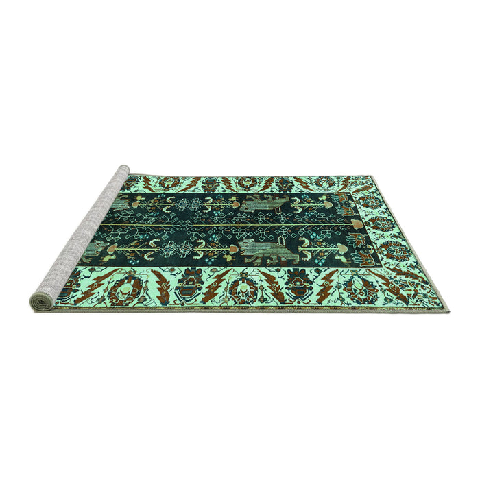 Sideview of Machine Washable Persian Turquoise Traditional Area Rugs, wshtr977turq