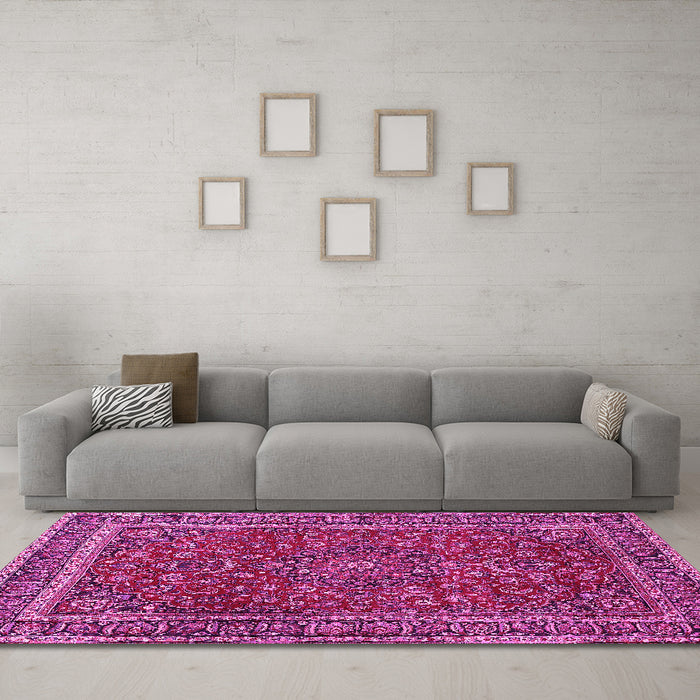 Machine Washable Persian Pink Traditional Rug in a Living Room, wshtr979pnk