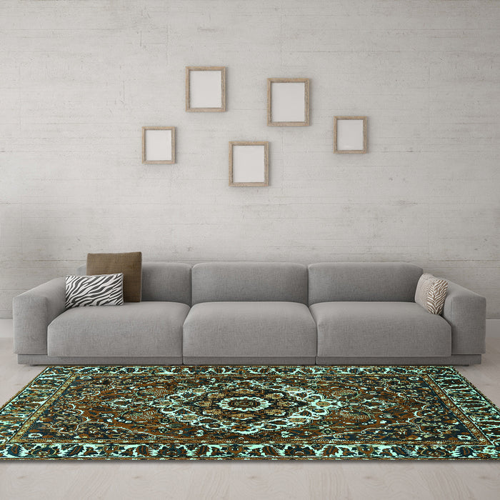 Machine Washable Persian Turquoise Traditional Area Rugs in a Living Room,, wshtr980turq
