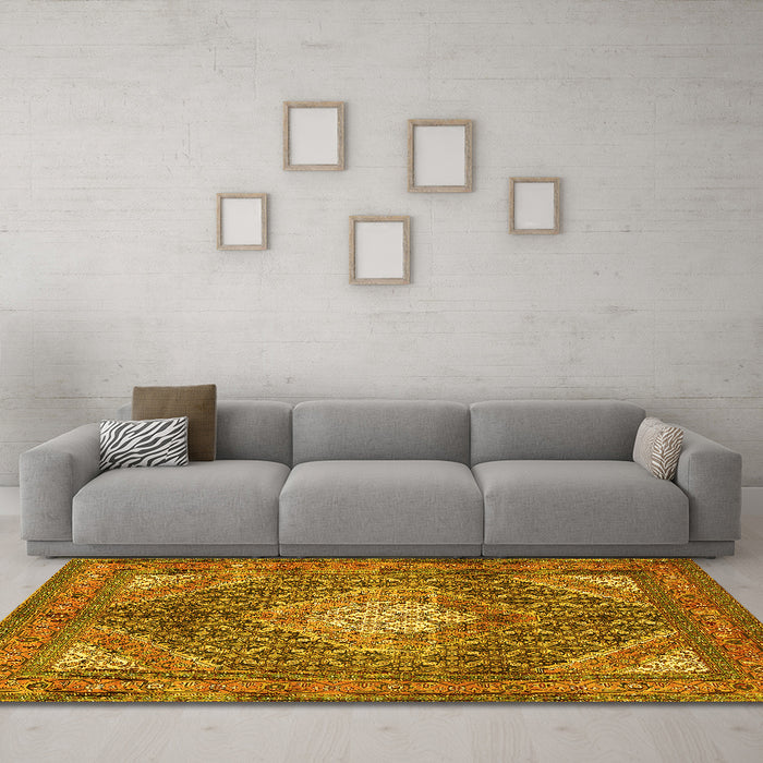 Machine Washable Persian Yellow Traditional Rug in a Living Room, wshtr981yw