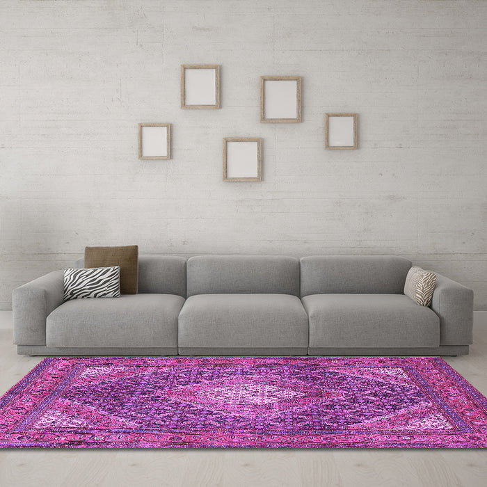 Machine Washable Persian Purple Traditional Area Rugs in a Living Room, wshtr981pur