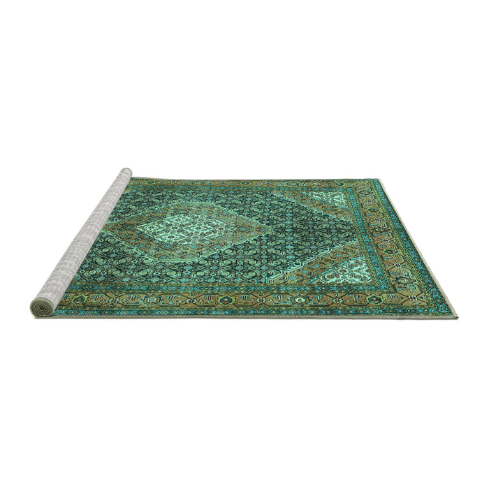Sideview of Machine Washable Persian Turquoise Traditional Area Rugs, wshtr981turq