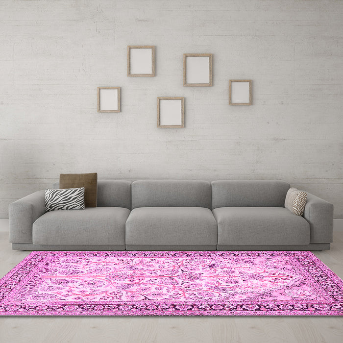 Machine Washable Persian Pink Traditional Rug in a Living Room, wshtr985pnk