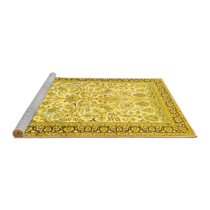 Sideview of Machine Washable Persian Yellow Traditional Rug, wshtr985yw