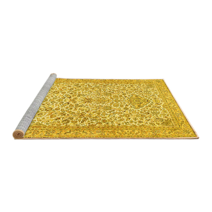 Sideview of Machine Washable Persian Yellow Traditional Rug, wshtr986yw