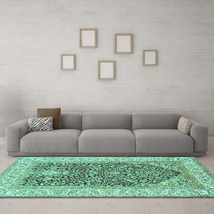 Machine Washable Animal Turquoise Traditional Area Rugs in a Living Room,, wshtr987turq