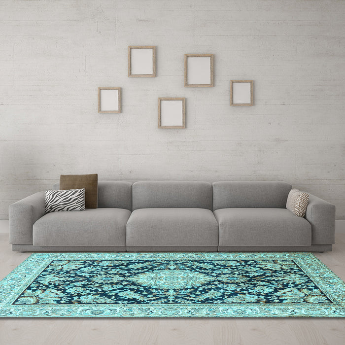Machine Washable Medallion Light Blue Traditional Rug in a Living Room, wshtr988lblu