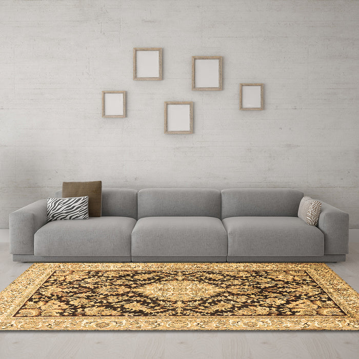 Machine Washable Medallion Brown Traditional Rug in a Living Room,, wshtr988brn