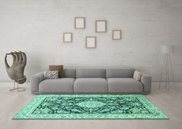 Machine Washable Medallion Turquoise Traditional Area Rugs in a Living Room,, wshtr988turq