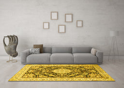 Machine Washable Medallion Yellow Traditional Rug in a Living Room, wshtr988yw