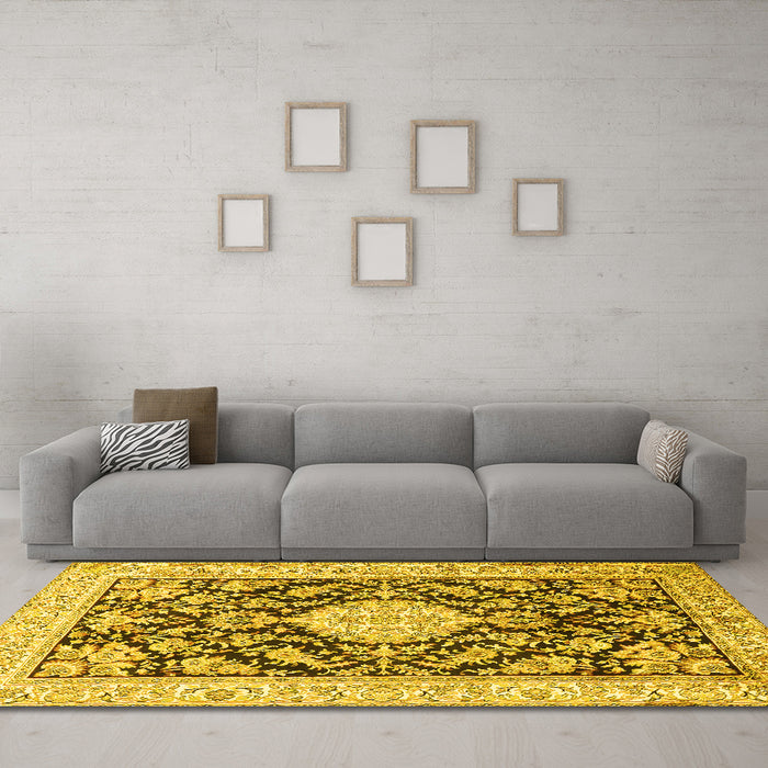 Machine Washable Medallion Yellow Traditional Rug in a Living Room, wshtr988yw