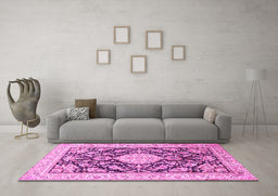 Machine Washable Medallion Pink Traditional Rug in a Living Room, wshtr988pnk