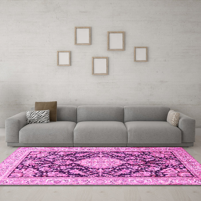 Machine Washable Medallion Pink Traditional Rug in a Living Room, wshtr988pnk