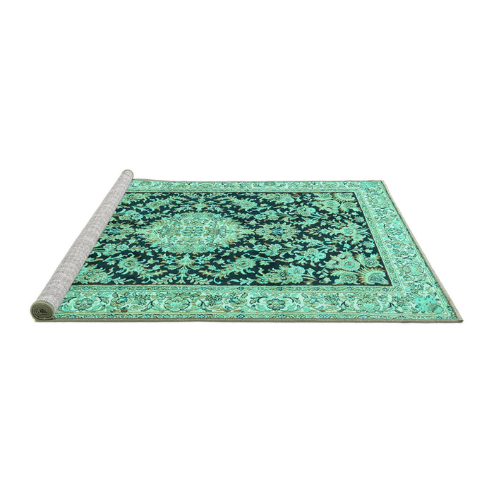 Sideview of Machine Washable Medallion Turquoise Traditional Area Rugs, wshtr988turq