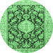 Round Machine Washable Medallion Emerald Green Traditional Area Rugs, wshtr988emgrn