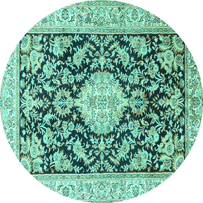 Round Machine Washable Medallion Turquoise Traditional Area Rugs, wshtr988turq