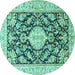 Round Machine Washable Medallion Turquoise Traditional Area Rugs, wshtr988turq
