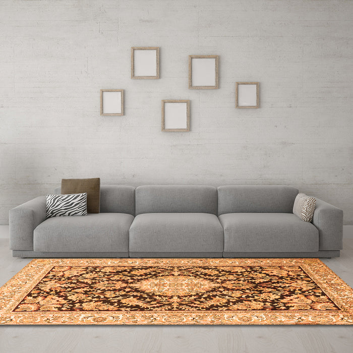 Machine Washable Medallion Orange Traditional Area Rugs in a Living Room, wshtr988org