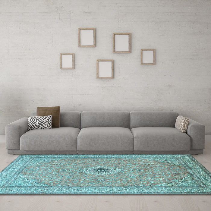 Machine Washable Medallion Light Blue Traditional Rug in a Living Room, wshtr991lblu