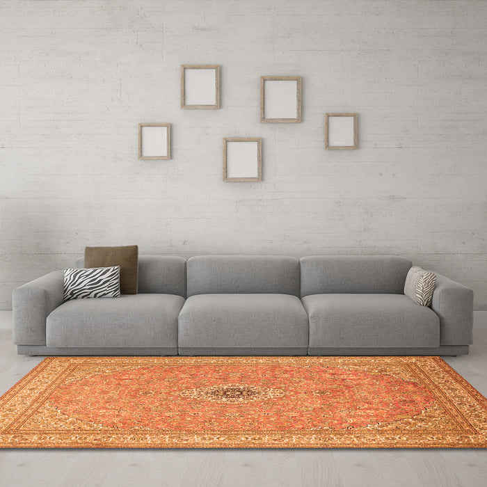 Machine Washable Medallion Orange Traditional Area Rugs in a Living Room, wshtr991org
