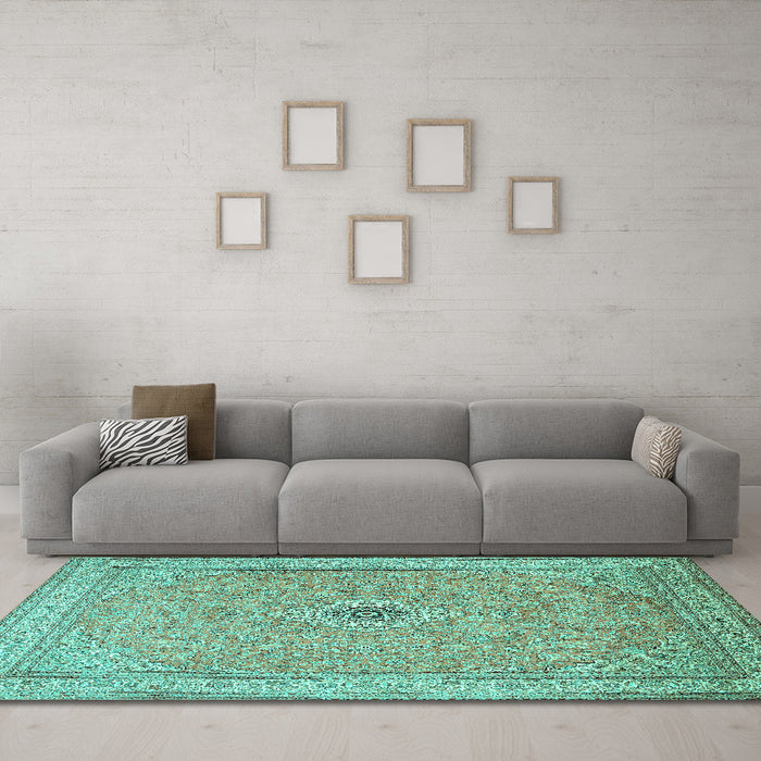 Machine Washable Medallion Turquoise Traditional Area Rugs in a Living Room,, wshtr991turq