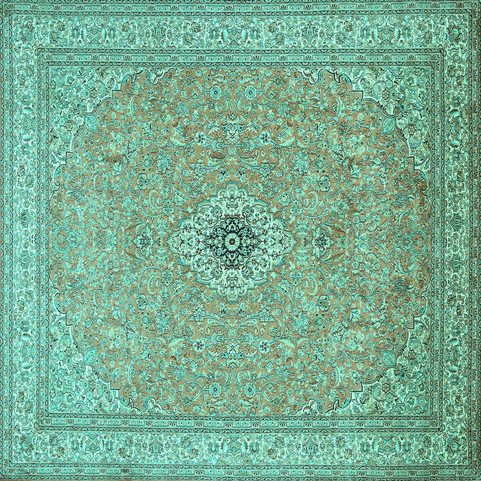 Square Machine Washable Medallion Turquoise Traditional Area Rugs, wshtr991turq