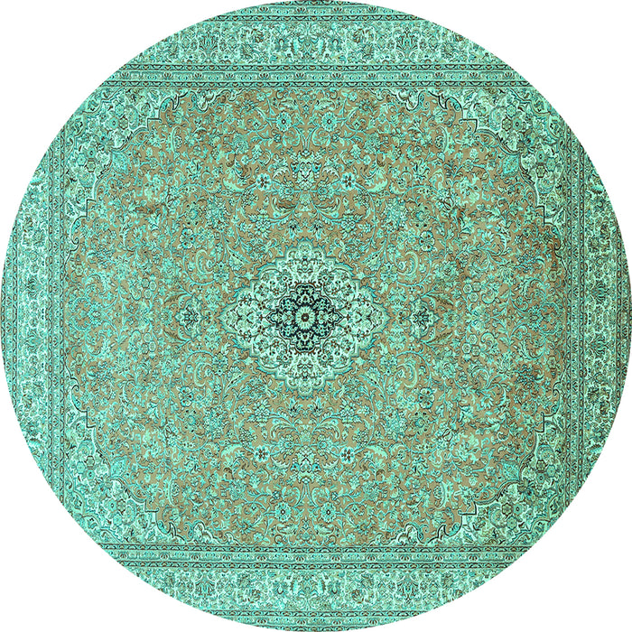 Round Machine Washable Medallion Turquoise Traditional Area Rugs, wshtr991turq