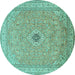 Round Machine Washable Medallion Turquoise Traditional Area Rugs, wshtr991turq