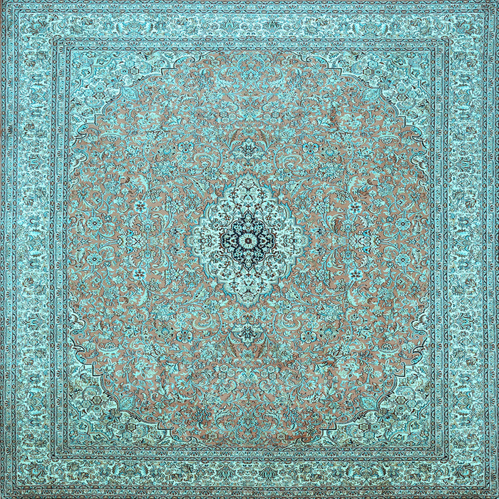 Square Machine Washable Medallion Light Blue Traditional Rug, wshtr991lblu
