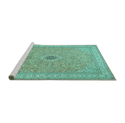 Sideview of Machine Washable Medallion Turquoise Traditional Area Rugs, wshtr991turq