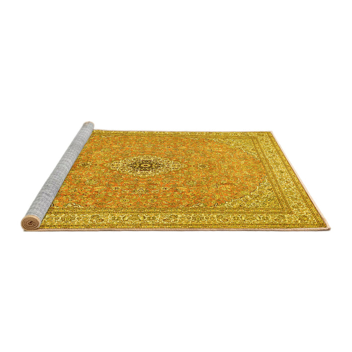 Sideview of Machine Washable Medallion Yellow Traditional Rug, wshtr991yw