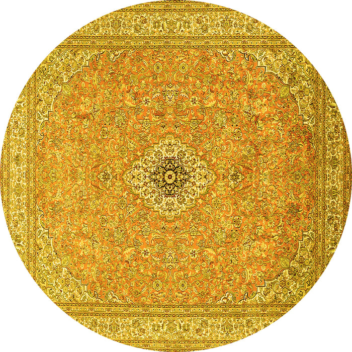 Round Machine Washable Medallion Yellow Traditional Rug, wshtr991yw
