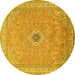 Round Machine Washable Medallion Yellow Traditional Rug, wshtr991yw