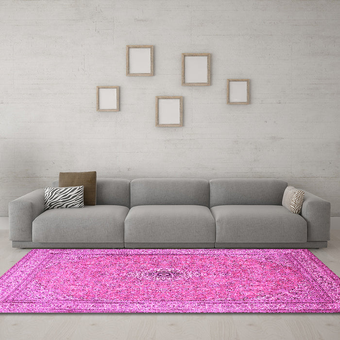 Machine Washable Medallion Pink Traditional Rug in a Living Room, wshtr991pnk