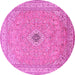 Round Machine Washable Medallion Pink Traditional Rug, wshtr991pnk