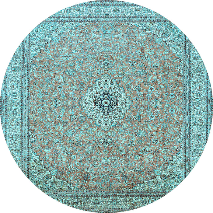 Round Machine Washable Medallion Light Blue Traditional Rug, wshtr991lblu