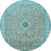 Round Machine Washable Medallion Light Blue Traditional Rug, wshtr991lblu