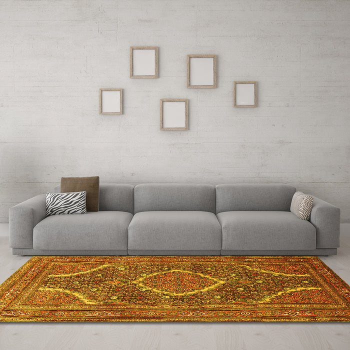 Machine Washable Medallion Yellow Traditional Rug in a Living Room, wshtr992yw