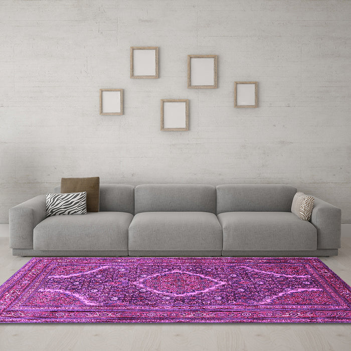 Machine Washable Medallion Purple Traditional Area Rugs in a Living Room, wshtr992pur