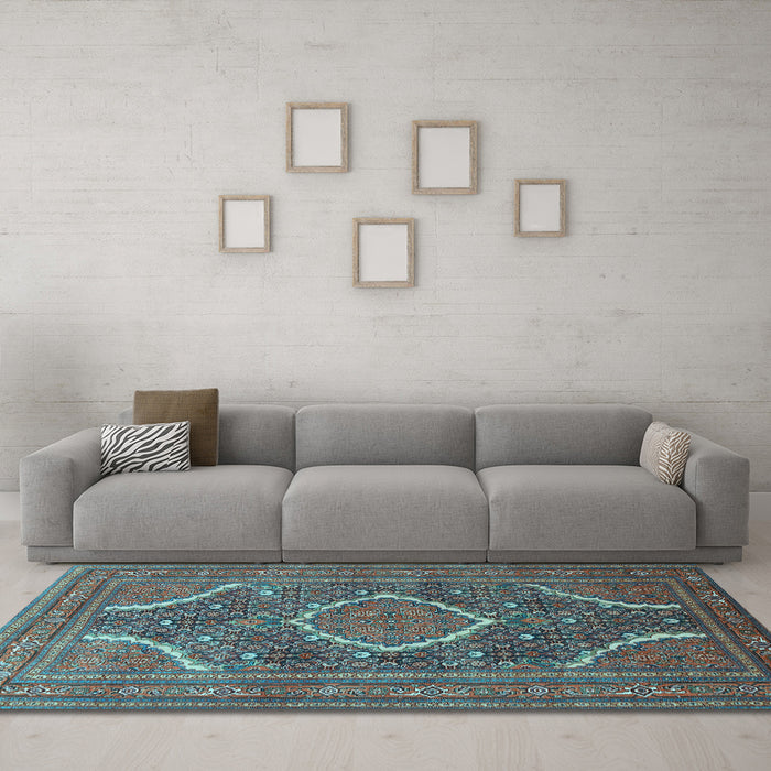 Machine Washable Medallion Light Blue Traditional Rug in a Living Room, wshtr992lblu
