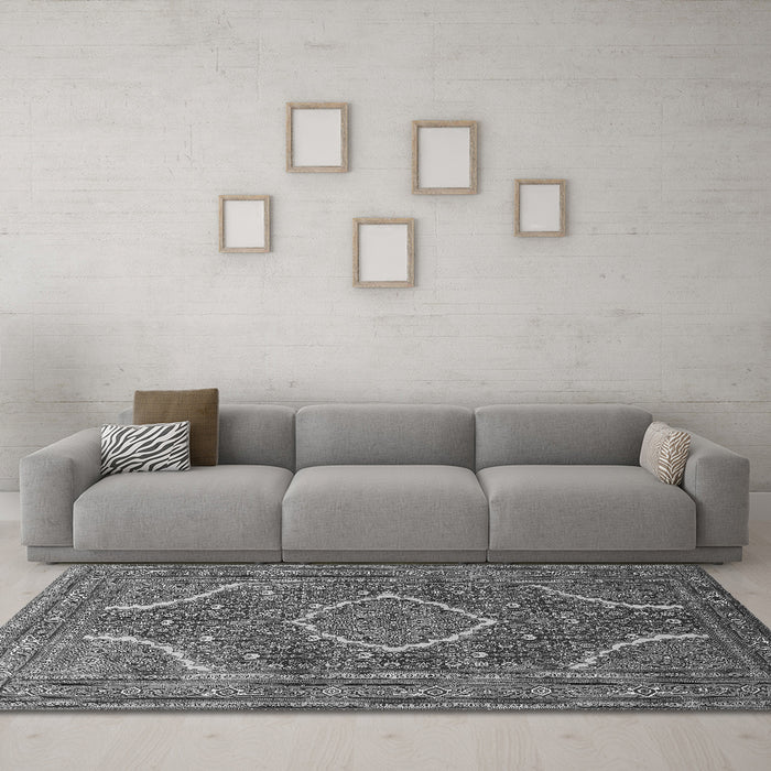 Machine Washable Medallion Gray Traditional Rug in a Living Room,, wshtr992gry