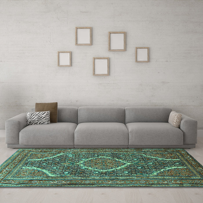 Machine Washable Medallion Turquoise Traditional Area Rugs in a Living Room,, wshtr992turq