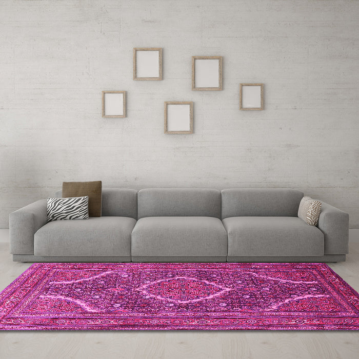 Machine Washable Medallion Pink Traditional Rug in a Living Room, wshtr992pnk