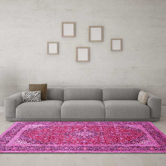 Machine Washable Persian Pink Traditional Rug in a Living Room, wshtr993pnk