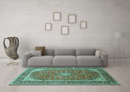 Machine Washable Persian Turquoise Traditional Area Rugs in a Living Room,, wshtr993turq